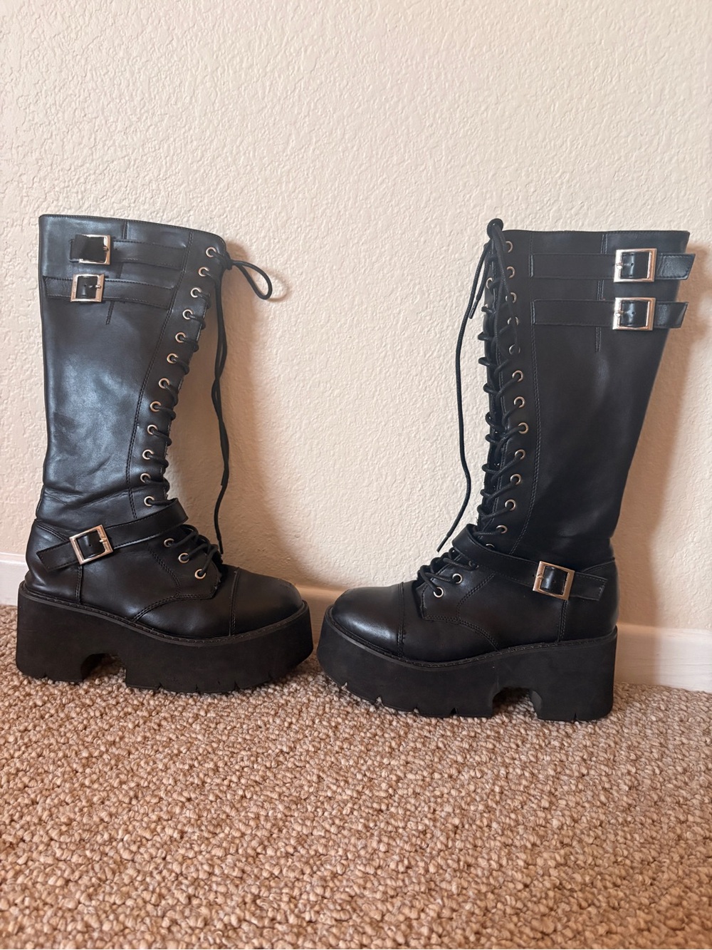 Black Platform Lace-Up Knee-High Boots